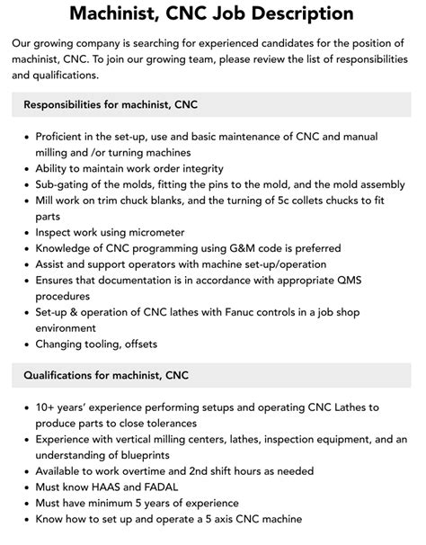 cnc machine technician job description|job description for cnc machinist.